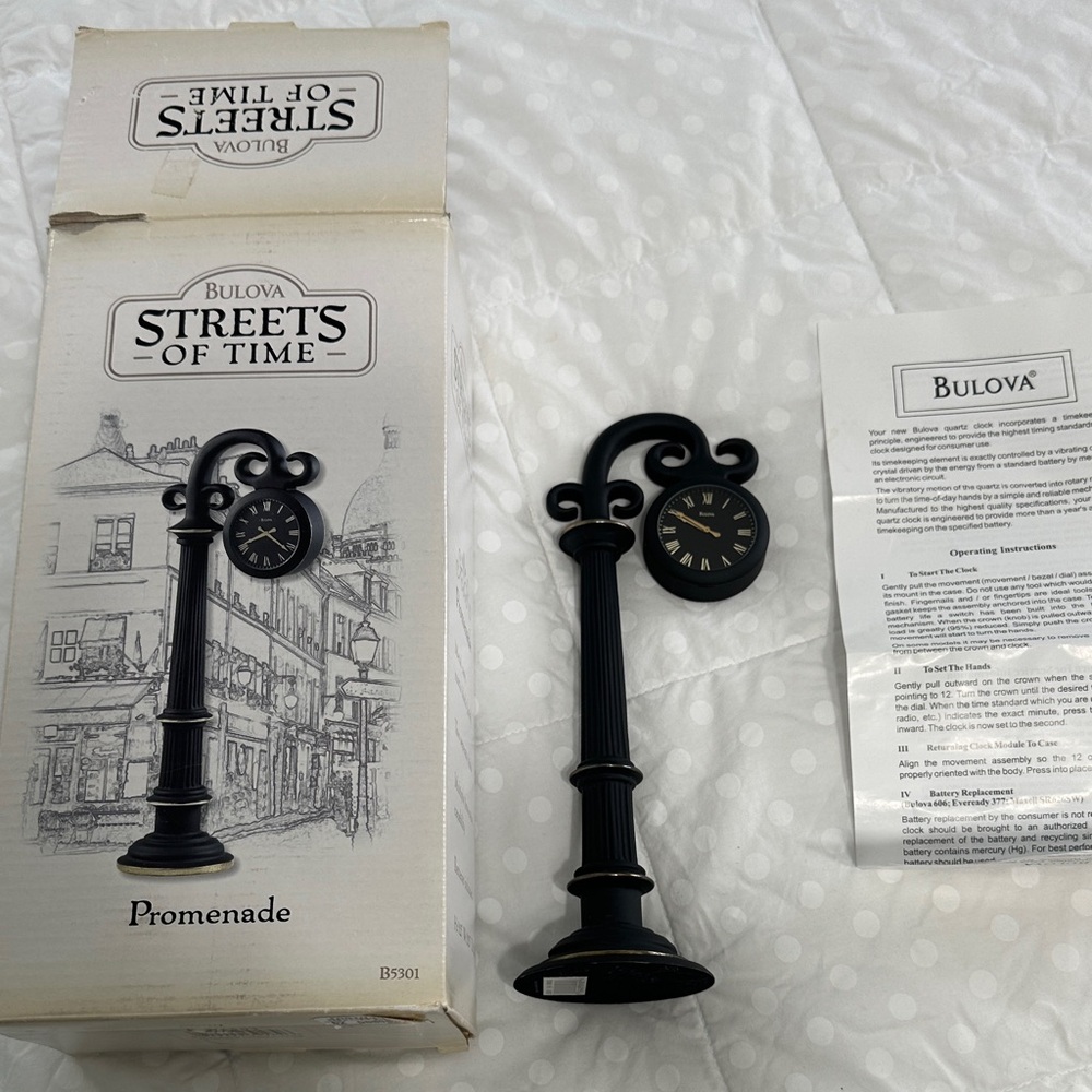 Bulova Black Promenade Mini Street Lamp Clock new old stock with box